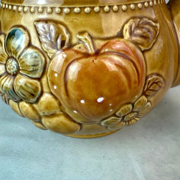 Vintage 70s Teapot Shaped Floral Fall Pumpkin Crackle Finish Ceramic Cooke Jar - Picture 8 of 9